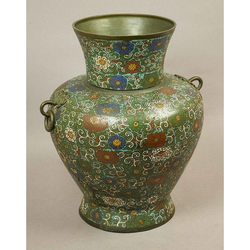 Appraisal: Asian Cloisonne Enamel Jar Asian cloisonne enamel jar open bottom