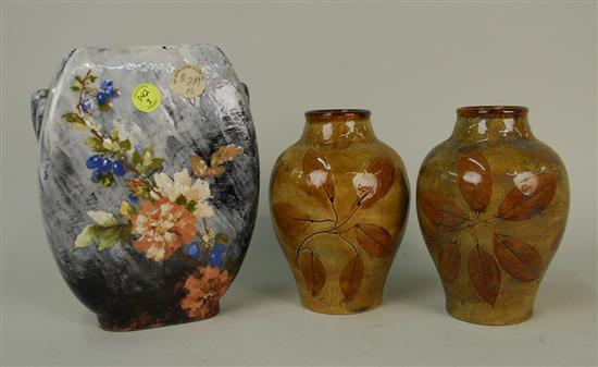 Appraisal: GLAZED POTTERY FLORAL VASE Haviland Co Limoges and a PAIR