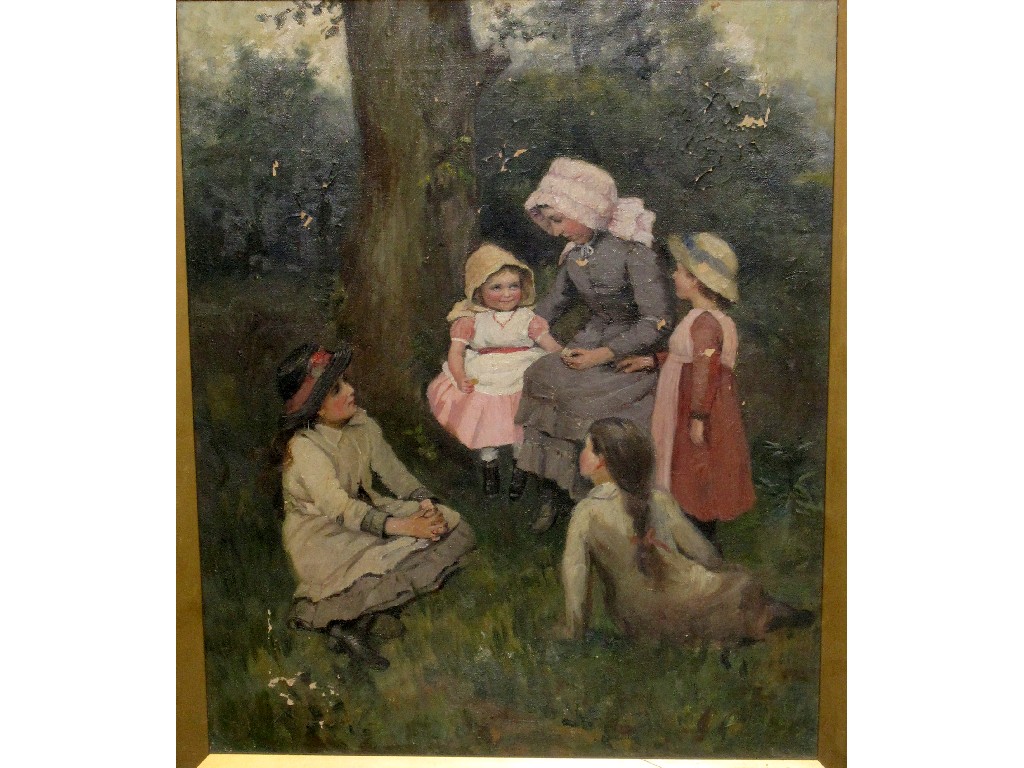 Appraisal: Oil on canvas of girls by a tree unsigned