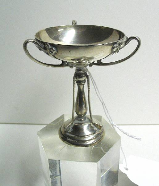 Appraisal: A small Art Deco silver three-handled trophy with three clubs