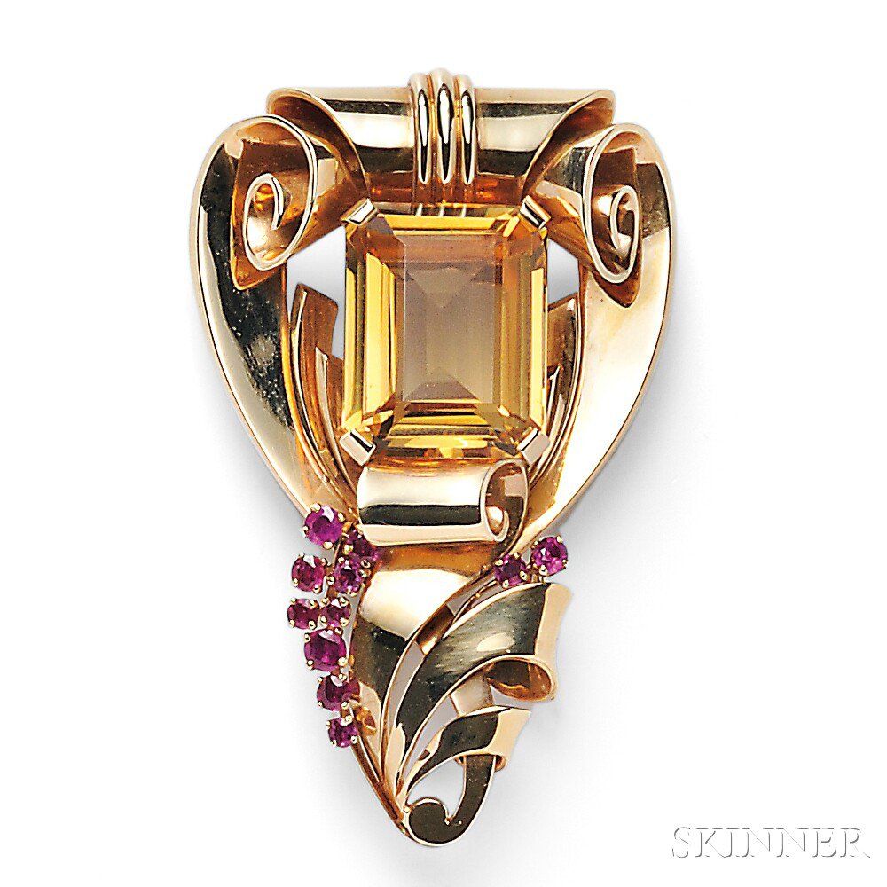 Appraisal: Retro kt Gold Citrine and Ruby Brooch designed as a