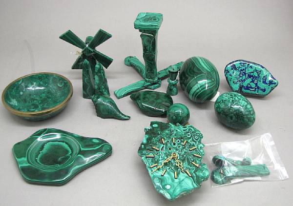 Appraisal: An assembled grouping of fourteen pieces of malachite table articles