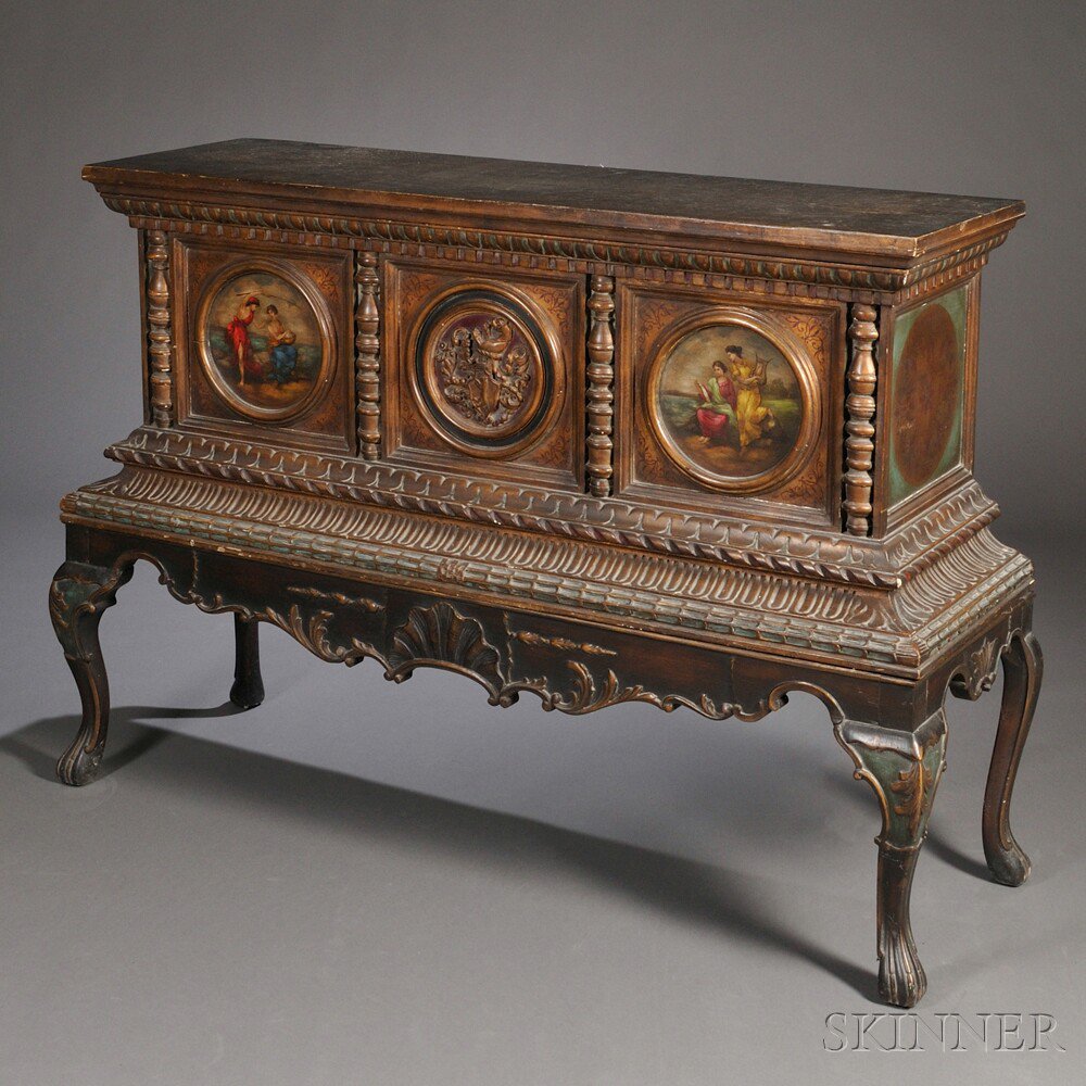 Appraisal: Baroque-style Painted Cassone on Stand th century polychrome painted throughout