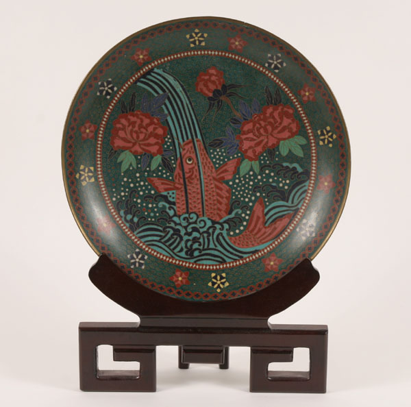 Appraisal: Large Japanese cloisonne charger various trees and leaping carp representing