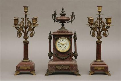 Appraisal: Louis XVI-Style Gilt-Metal Mounted Red Marble Three-Piece Clock Garniture Including