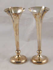 Appraisal: A pair of sterling silver trumpet vases Sheffield approx cm