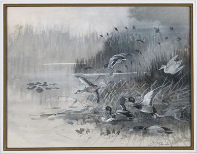 Appraisal: John Guile Millais - Ducks landing on a pond Signed