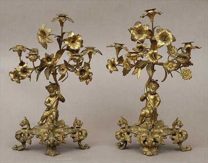 Appraisal: Pair of Louis XV-Style Gilt-Metal Five-Light Figural Candelabra x in