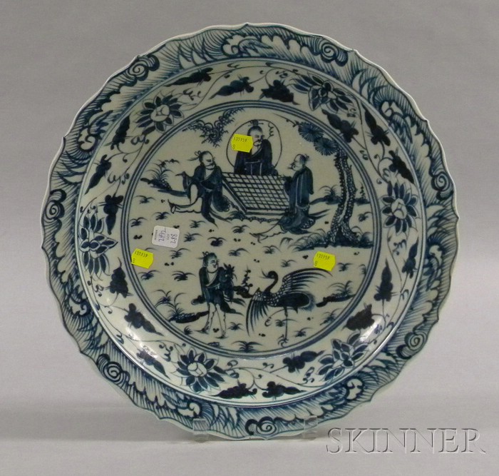 Appraisal: Large Blue and White Porcelain Charger scalloped edges with figures