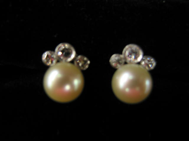 Appraisal: Diamond Pearl Earrings fine to mm pearls with bezel set