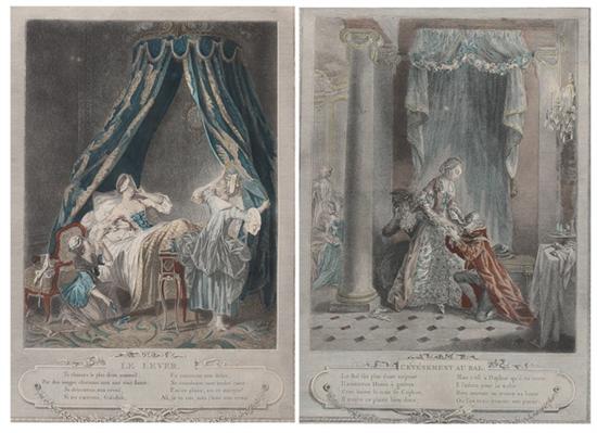 Appraisal: SIX FRENCH COLORED ENGRAVINGS Le Lever L' v nement au