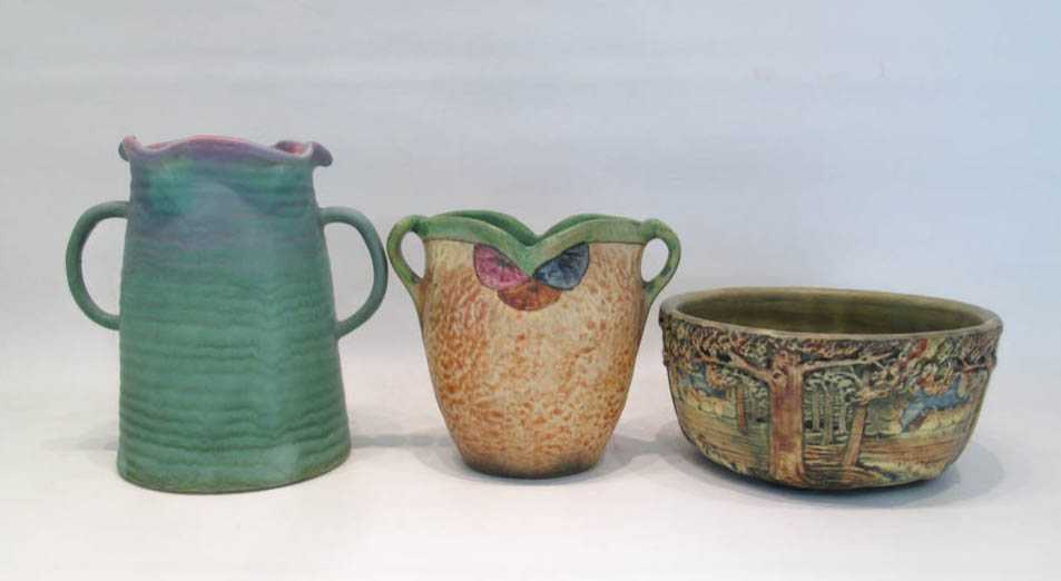 Appraisal: THREE WELLER ART POTTERY VASES including a Forest pattern bowl