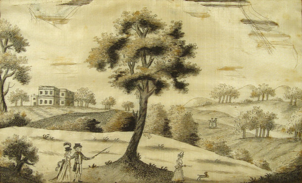 Appraisal: Georgian silk picture of figures in parkland in a maple