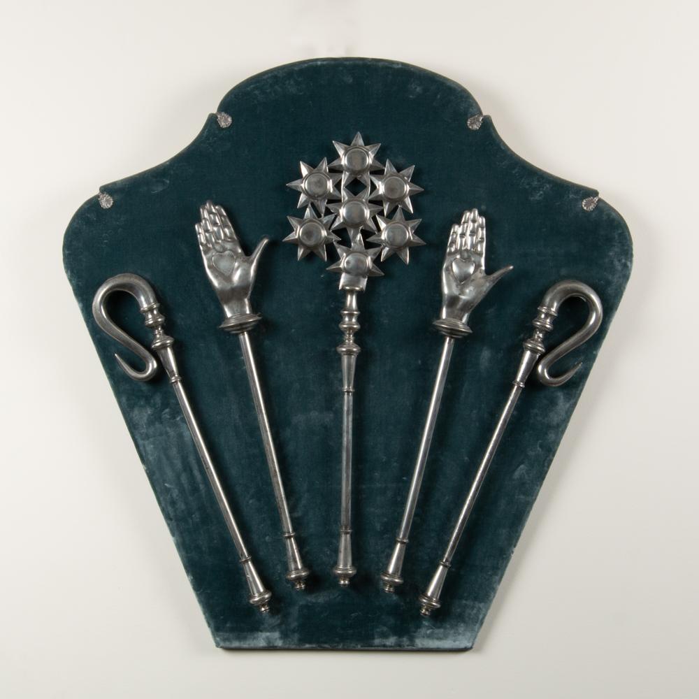 Appraisal: FIVE ODD FELLOWS CEREMONIAL SCEPTERS MOUNTED ON VELVET A set