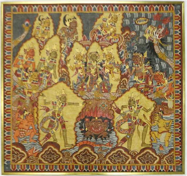 Appraisal: BALINESE NARRATIVE SCENE hand-painted on cloth featuring figures and mythical