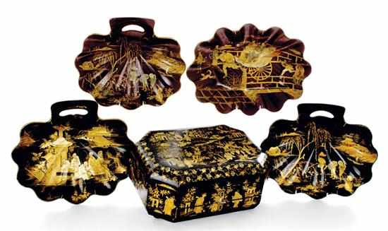 Appraisal: Chinese Export lacquered papier-mache sewing box and dishes th century