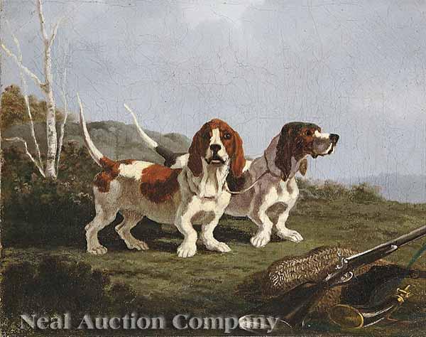 Appraisal: J Roland Dutch th c Bassett Hounds oil on canvas