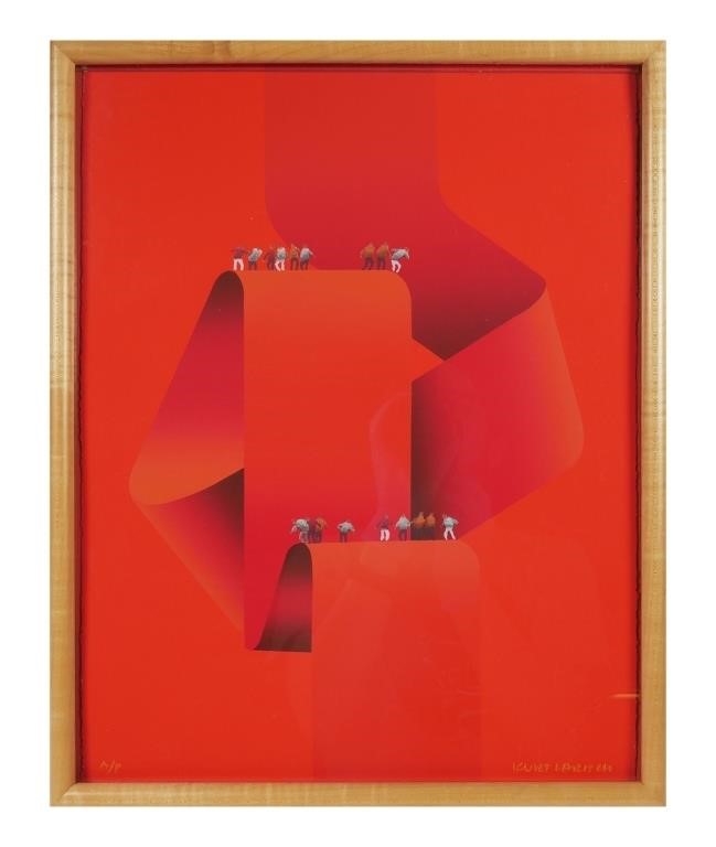 Appraisal: Red ribbon with figures lithograph by Kurt Larish Austrian -