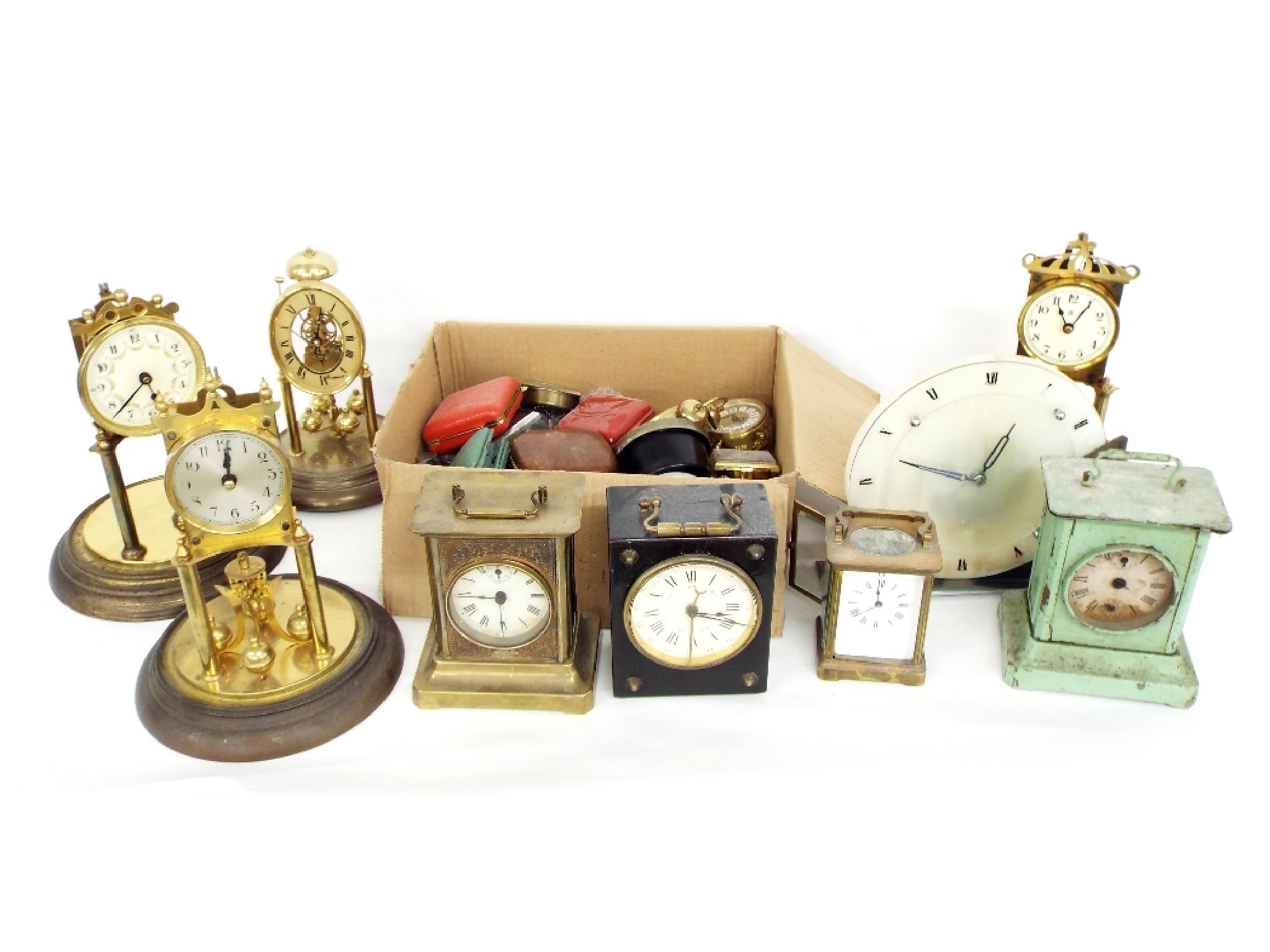 Appraisal: Quantity of various clock timepieces to include torsion clocks carriage