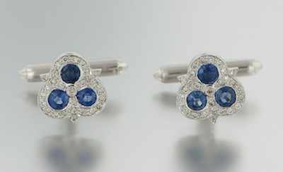 Appraisal: A Pair of Diamond and Sapphire Cufflinks k white gold