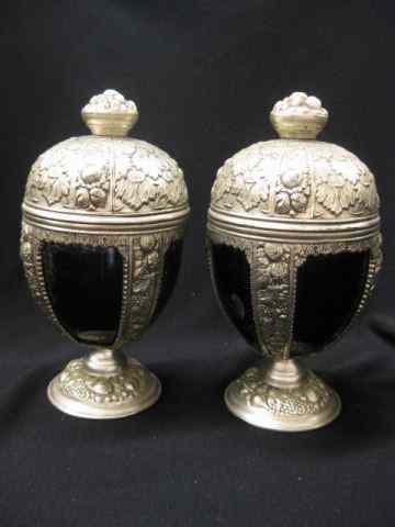 Appraisal: Pair of Silverplate Covered Jars cobalt liner fruit leaf decor