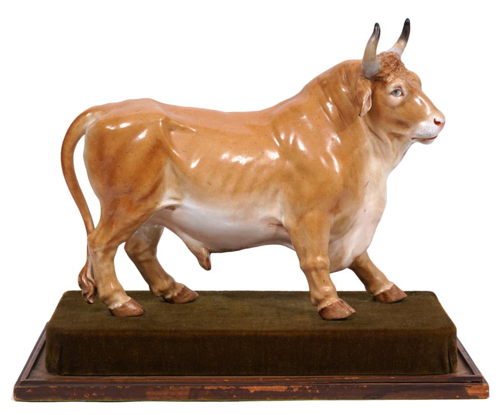 Appraisal: FINELY DETAILED CONTINENTAL PORCELAIN BULLPorcelain bull on stand believed to