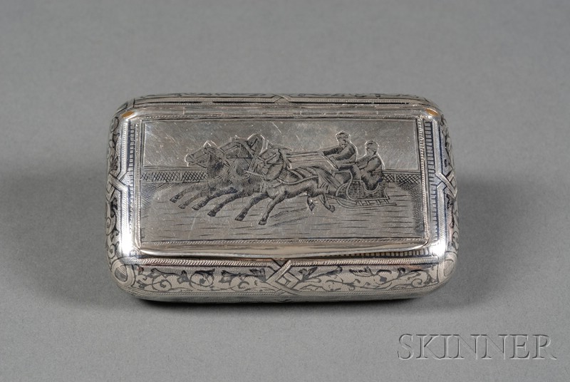 Appraisal: Russian Silver and Niello Snuff Box Moscow rectangular with rounded