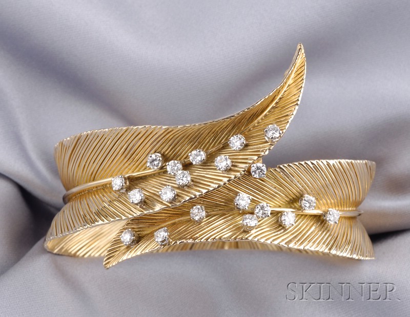 Appraisal: kt Gold and Diamond Bypass Bracelet France designed as overlapping