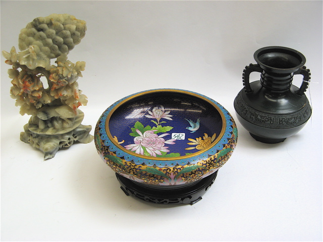 Appraisal: THREE DECORATIVE CHINESE ITEMS a shallow cloisonne centerpiece bowl with