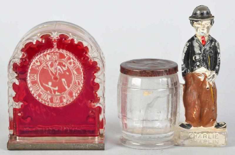 Appraisal: Lot of Glass Candy Containers Includes one Ruby flask clock