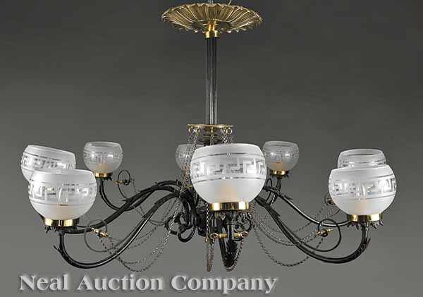 Appraisal: A Regency-Style Patinated Metal and Brass Chandelier canopy mark of