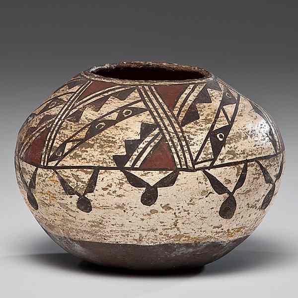 Appraisal: Zuni Polychrome Jar globular form with stylized rainbirds decorating body