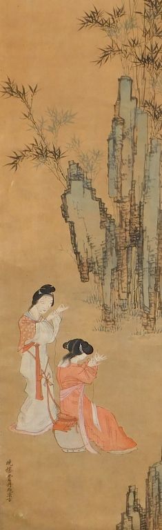 Appraisal: Japanese Geishas Hanging Wall Scroll Painting Japan Image of two