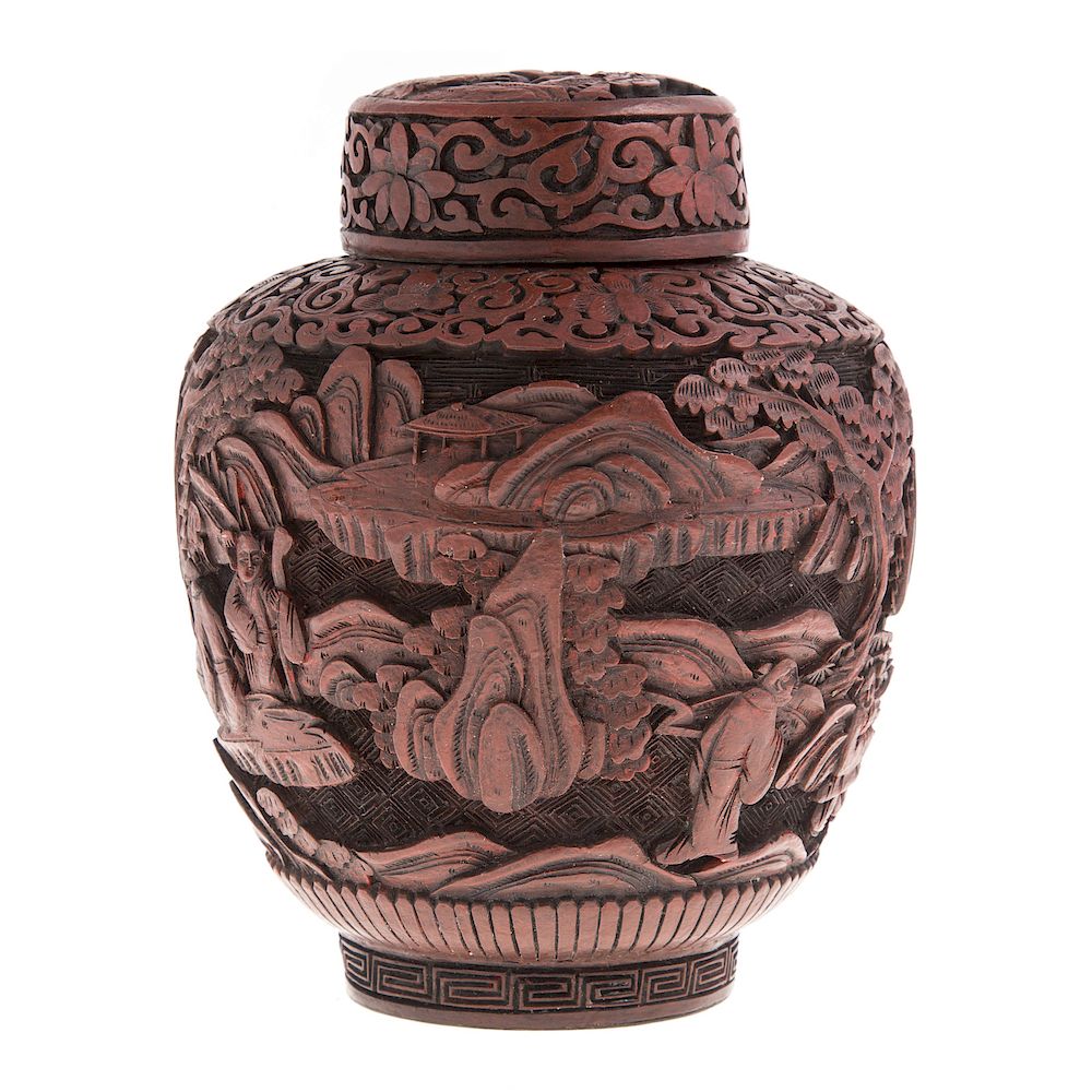 Appraisal: Chinese cinnabar lacquer jar th century figures in landscape carved