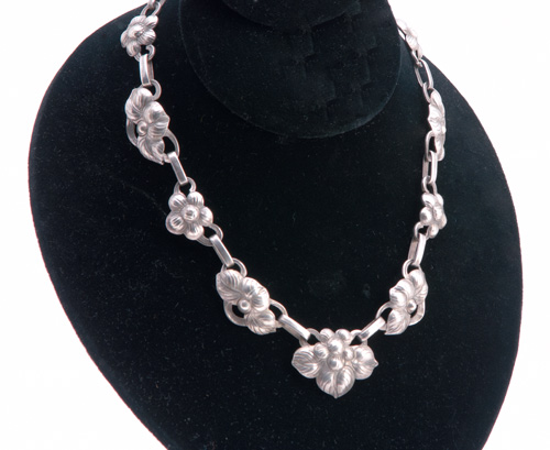 Appraisal: KALO Hand-wrought silver link necklace with embossed blossoms and leaves