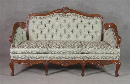 Appraisal: Walnut French Style Sofa Mid th Century Carved shell crest