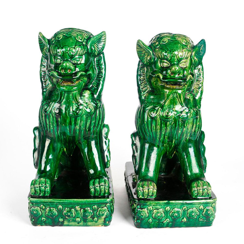 Appraisal: VINTAGE PAIR OF MONUMENTAL CERAMIC CHINESE GUARDIAN LIONS Green glazed