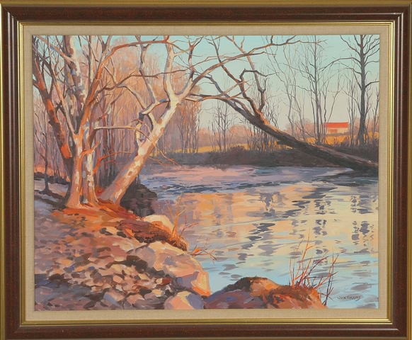 Appraisal: River landscape oil on canvasboard x sight SLR Artist American