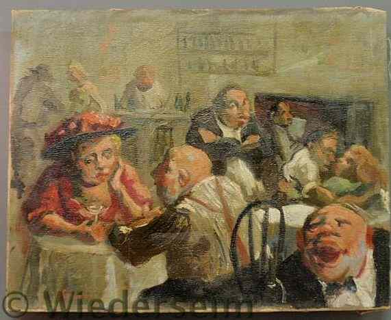 Appraisal: Oil on canvas interior restaurant caricature scene signed l l