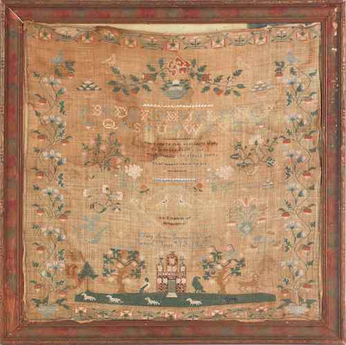 Appraisal: Silk on linen sampler dated wrought by Mary Ann Snyder