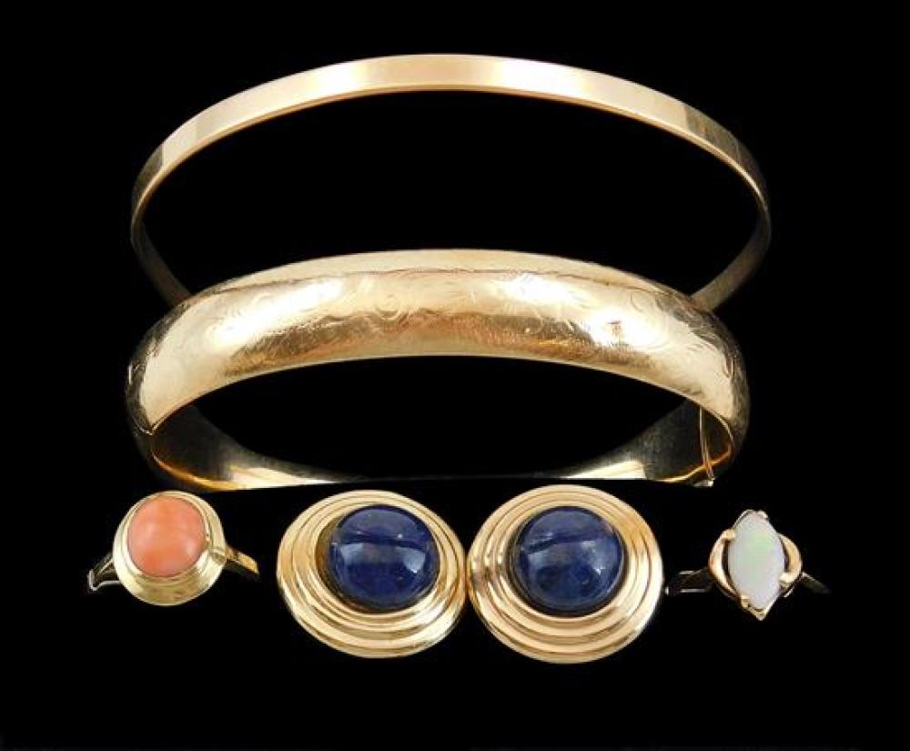 Appraisal: JEWELRY Six pieces including two K yellow gold bangles one