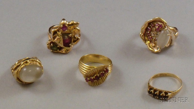 Appraisal: Five Gem-set Gold Rings including three Modernist-style examples set with