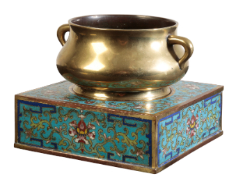 Appraisal: A CHINESE BRONZE CENSER WITH CLOISONNE STAND Qing or later