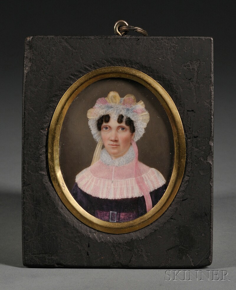 Appraisal: Portrait Miniature of a Woman Wearing a Fancy White Yellow