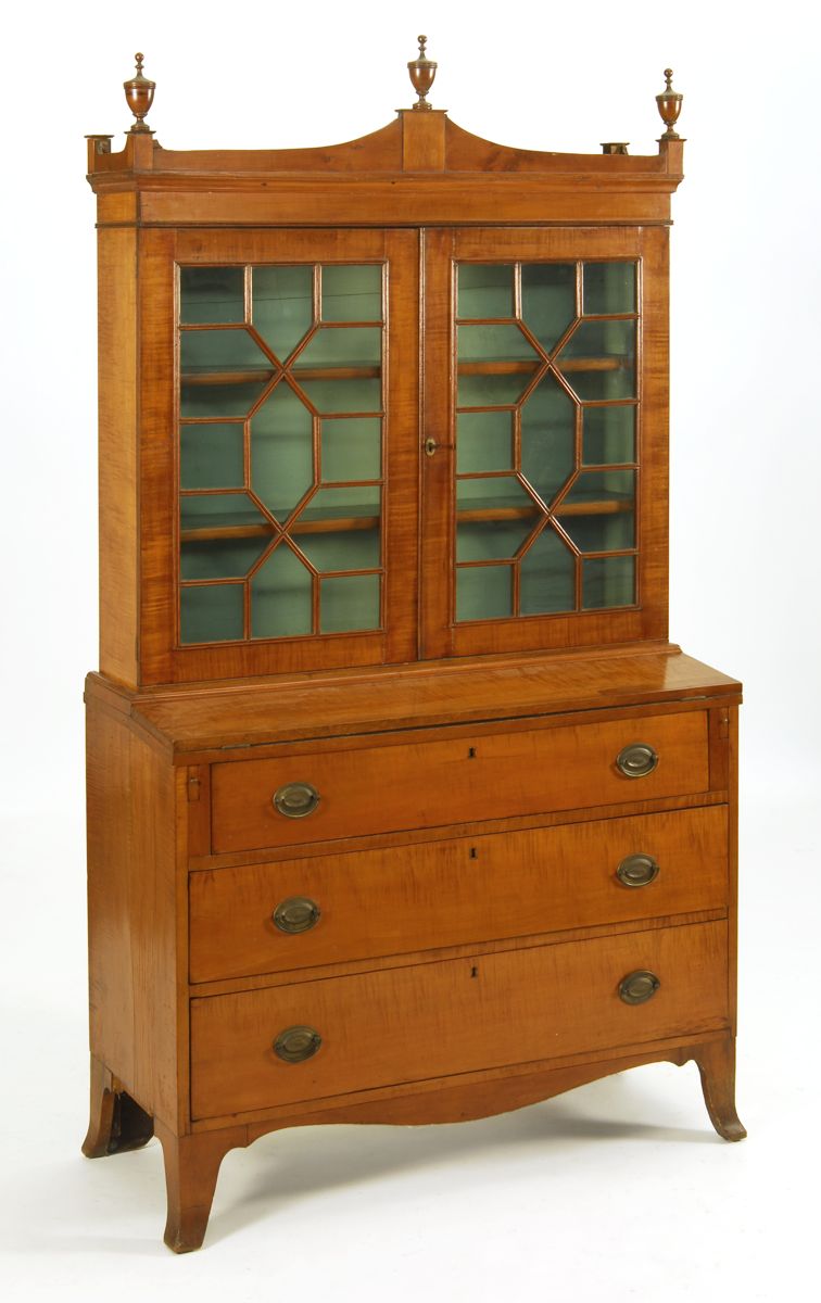 Appraisal: ANTIQUE AMERICAN HEPPLEWHITE TWO-PART SECRETARY American Early th CenturyIn tiger