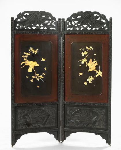 Appraisal: Japanese Meiji Carved Lacquered and Tinted Bone-Set Two-Panel Folding Screen