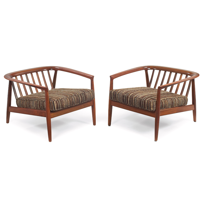 Appraisal: Dux lounge chairs pair Denmark teak frames with slatted backs