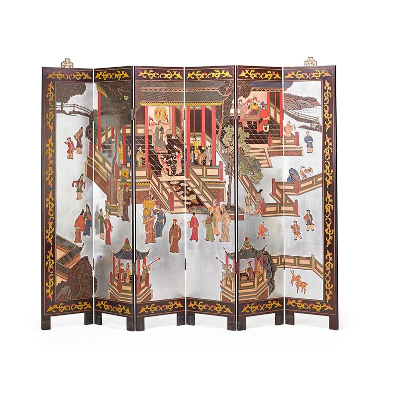 Appraisal: CHINESE LACQUERED SCREEN Six panel with figural decoration on foil