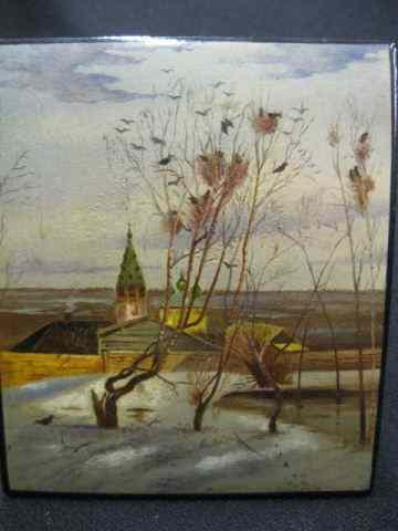 Appraisal: Russian Lacquerware Box winter landscape '' x '' hinged lid