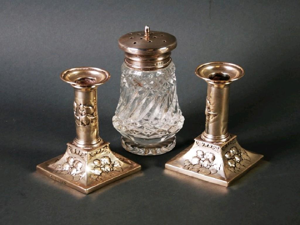 Appraisal: PAIR OF EDWARDIAN SILVER DRESSING TABLE DWARF CANDLESTICKS stamped with